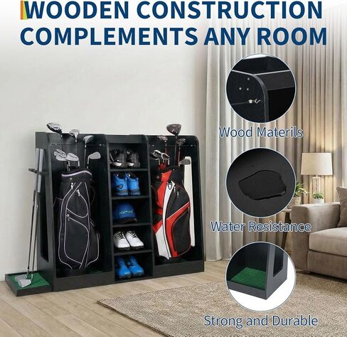 رف تخزين حقيبة الجولف الخشبي، منظم نادي الجولف بسعة حقيبتين مع هيكل خشبي فاخر، حامل على الحائط أو حامل تخزين معدات الجولف قائم بذاته للمرآب، الطابق السفلي، غرفة التدريب in Kuwait