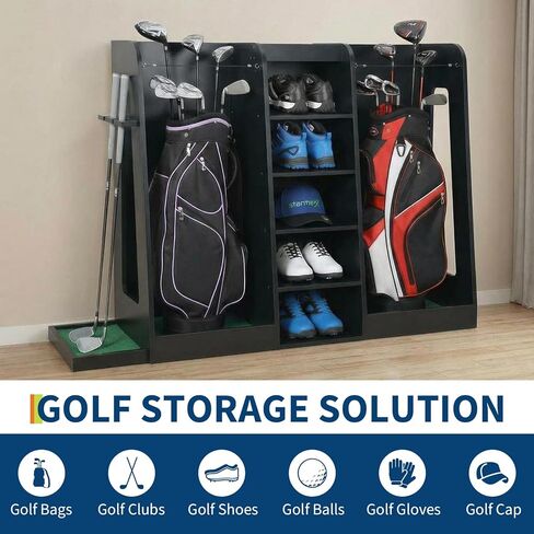 رف تخزين حقيبة الجولف الخشبي، منظم نادي الجولف بسعة حقيبتين مع هيكل خشبي فاخر، حامل على الحائط أو حامل تخزين معدات الجولف قائم بذاته للمرآب، الطابق السفلي، غرفة التدريب in Kuwait