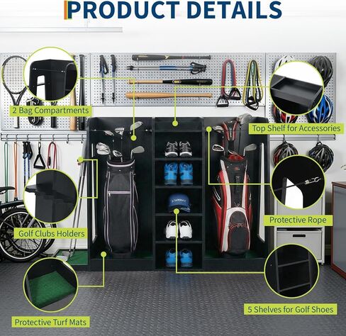 رف تخزين حقيبة الجولف الخشبي، منظم نادي الجولف بسعة حقيبتين مع هيكل خشبي فاخر، حامل على الحائط أو حامل تخزين معدات الجولف قائم بذاته للمرآب، الطابق السفلي، غرفة التدريب in Kuwait