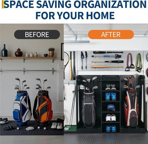 رف تخزين حقيبة الجولف الخشبي، منظم نادي الجولف بسعة حقيبتين مع هيكل خشبي فاخر، حامل على الحائط أو حامل تخزين معدات الجولف قائم بذاته للمرآب، الطابق السفلي، غرفة التدريب in Kuwait