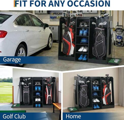 رف تخزين حقيبة الجولف الخشبي، منظم نادي الجولف بسعة حقيبتين مع هيكل خشبي فاخر، حامل على الحائط أو حامل تخزين معدات الجولف قائم بذاته للمرآب، الطابق السفلي، غرفة التدريب in Kuwait