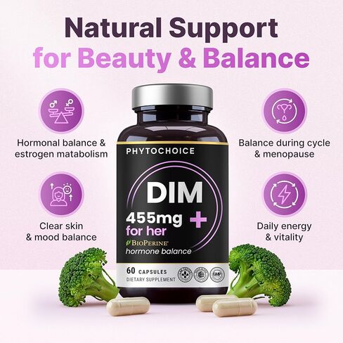 DIM للنساء 350 مجم عالي الفعالية مع BioPerine® ومستخلص البروكلي - 455 مجم مركب إجمالي لتوازن الهرمونات، واستقلاب الإستروجين، ودعم الدورة الشهرية وانقطاع الطمث، وبشرة صافية وصحة المرأة، 60 كبسولة in Kuwait