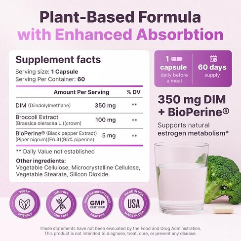 DIM للنساء 350 مجم عالي الفعالية مع BioPerine® ومستخلص البروكلي - 455 مجم مركب إجمالي لتوازن الهرمونات، واستقلاب الإستروجين، ودعم الدورة الشهرية وانقطاع الطمث، وبشرة صافية وصحة المرأة، 60 كبسولة in Kuwait