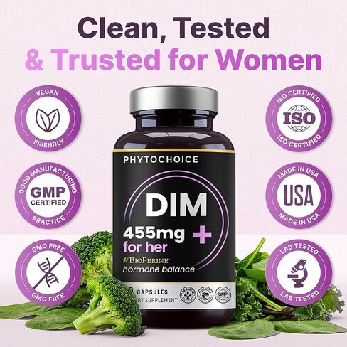 DIM للنساء 350 مجم عالي الفعالية مع BioPerine® ومستخلص البروكلي - 455 مجم مركب إجمالي لتوازن الهرمونات، واستقلاب الإستروجين، ودعم الدورة الشهرية وانقطاع الطمث، وبشرة صافية وصحة المرأة، 60 كبسولة in Kuwait
