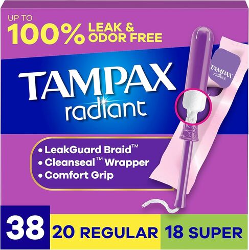 Tampax Radiant Tampons Multipack, with LeakGuard Braid, Regular/Super Absorbency, Unscented, 38 Count in Saudi Arabia