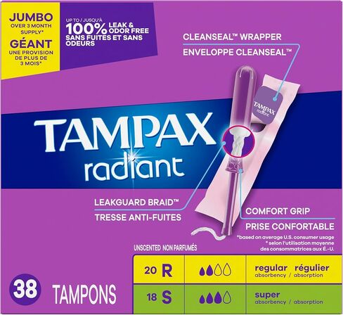 Tampax Radiant Tampons Multipack, with LeakGuard Braid, Regular/Super Absorbency, Unscented, 38 Count in Saudi Arabia