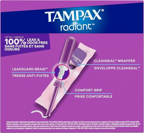 Tampax Radiant Tampons Multipack, with LeakGuard Braid, Regular/Super Absorbency, Unscented, 38 Count in Saudi Arabia