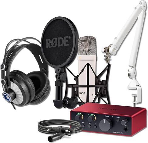 Rode NT1 Signature Series Condenser Microphone (White) with Scarlett Solo 4th Gen USB Audio Interface, White PSA1+ Broadcast Microphone Boom Arm and Cans50 Monitoring Headphones in Saudi Arabia