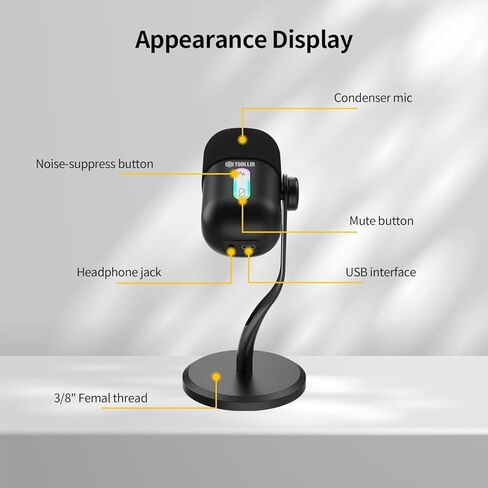 TOALLIN CM60 - USB Condenser Microphone for Recording, Streaming, Podcasting, Meetings on Teams, Zoom, OBS, Twitch, YouTube, Noise Reduction & Mute, Works with Laptop/PC/Tablet/Cellphone, Black in Kuwait