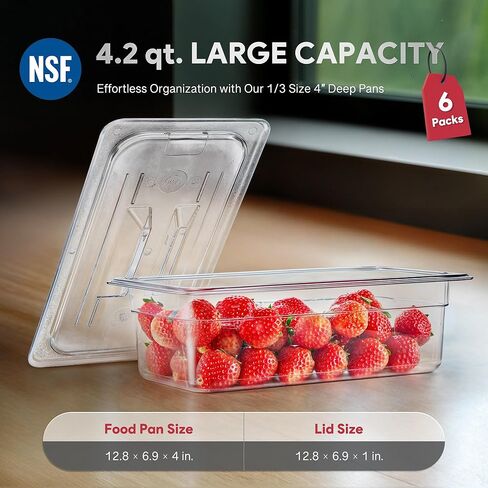 6 عبوات من مقالي الطعام البلاستيكية مع أغطية مدرجة في قائمة NSF، مقاس 1/3 مقاس 4 في حاويات تخزين الطعام الشفافة العميقة، 4.2 لتر، فندق تجاري من البولي كربونات قابل للتكديس للفواكه والخضروات والفاصوليا والذرة من ويلبريب، 6 عبوات in Kuwait