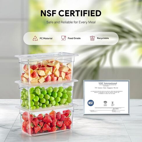 6 عبوات من مقالي الطعام البلاستيكية مع أغطية مدرجة في قائمة NSF، مقاس 1/3 مقاس 4 في حاويات تخزين الطعام الشفافة العميقة، 4.2 لتر، فندق تجاري من البولي كربونات قابل للتكديس للفواكه والخضروات والفاصوليا والذرة من ويلبريب، 6 عبوات in Kuwait