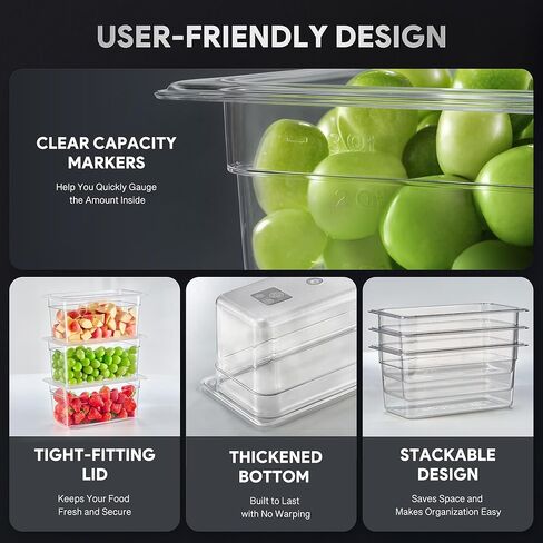 6 عبوات من مقالي الطعام البلاستيكية مع أغطية مدرجة في قائمة NSF، مقاس 1/3 مقاس 4 في حاويات تخزين الطعام الشفافة العميقة، 4.2 لتر، فندق تجاري من البولي كربونات قابل للتكديس للفواكه والخضروات والفاصوليا والذرة من ويلبريب، 6 عبوات in Kuwait