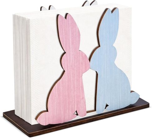 Easter Napkin Holder for Table, Cute Bunny Kisses & Easter Wishes Napkin Holder Wooden Pink Blue Bunny Kitchen Decor Tissue Dispenser Farmhouse for Home Party Dining Table in Saudi Arabia
