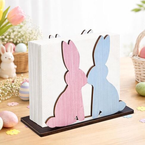 Easter Napkin Holder for Table, Cute Bunny Kisses & Easter Wishes Napkin Holder Wooden Pink Blue Bunny Kitchen Decor Tissue Dispenser Farmhouse for Home Party Dining Table in Saudi Arabia