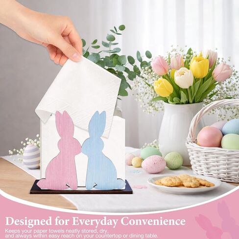 Easter Napkin Holder for Table, Cute Bunny Kisses & Easter Wishes Napkin Holder Wooden Pink Blue Bunny Kitchen Decor Tissue Dispenser Farmhouse for Home Party Dining Table in Saudi Arabia