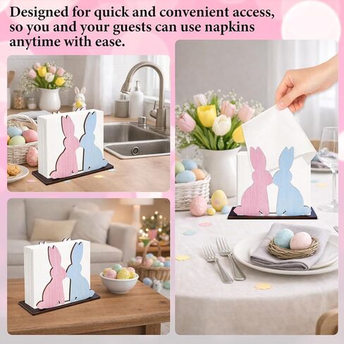 Easter Napkin Holder for Table, Cute Bunny Kisses & Easter Wishes Napkin Holder Wooden Pink Blue Bunny Kitchen Decor Tissue Dispenser Farmhouse for Home Party Dining Table in Saudi Arabia