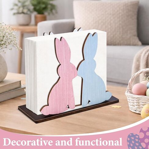 Easter Napkin Holder for Table, Cute Bunny Kisses & Easter Wishes Napkin Holder Wooden Pink Blue Bunny Kitchen Decor Tissue Dispenser Farmhouse for Home Party Dining Table in Saudi Arabia