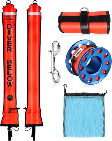 مجموعة أدوات SMB للغوص - عوامة غوص ذات علامة سطحية بطول 4 أقدام، بكرة بكرة إصبع بطول 49 قدمًا + مشبك مسمار وحقيبة تخزين شبكية، أنبوب إشارة عالي الوضوح للغطس والغوص الحر in Kuwait