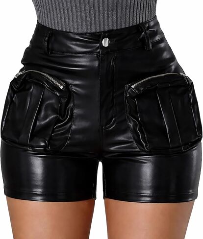 KANSOON Leather Shorts for Women Sexy High Waisted Faux Leather Cargo Shorts Metallic Festival Rave Club with Pockets in Saudi Arabia