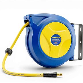 بكرة خرطوم هواء Goodyear قابلة للسحب، 3/8 بوصة × 50 قدم، خرطوم بوليمر هجين 300 رطل لكل بوصة مربعة، ترجيع تلقائي بنابض، دوران مانع للتسرب، قابل للتركيب على الحائط والسقف in Kuwait