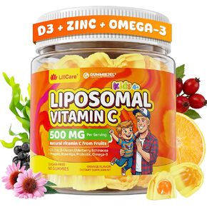 Liposomal Vitamin C 500mg Gummies for Kids 4+ & Adults, with Omega-3, Elderberry, Echinacea, Propolis, Zinc, D3, Chewable Kids Immune Support Gummies, Natural Whole Food Vit C from Fruits, Sugar Free in Kuwait