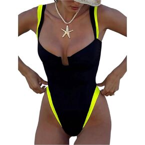 ملابس سباحة نسائية من WDIRARA ذات حواف متباينة قطعة واحدة وحزام سباغيتي ذو قصة عالية in Kuwait