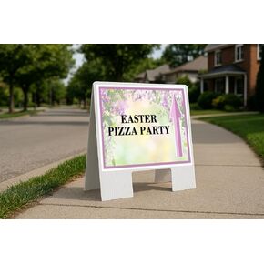 Easter Pizza Party Spring Flowers Purple Lilac Up Arrows A-Frame Single Sided 23x23 in. sign in Kuwait
