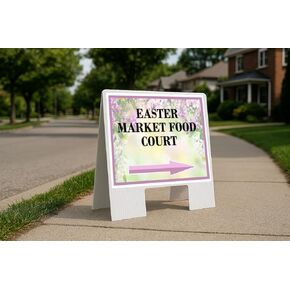 Easter Market Food Court Spring Flowers Purple Lilac Directional Arrows A-Frame Double Sided 23x23 in. sign in Kuwait