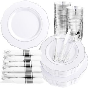 Liacere 350PCS Pink Plates Disposable-PinK Plates 50guest Baroque Plastic Dinnerware include 100Plates, 50Pack Pre Rolled Napkins with Silverware 50Cups Perfect for Wedding ＆ Party & Mothers Day in Kuwait