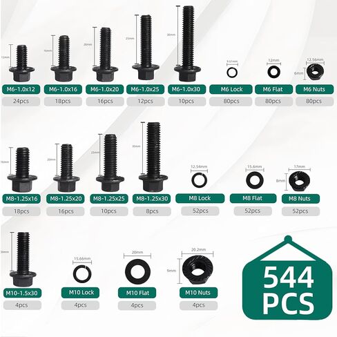 544 PCS Flange Hex Bolts and Nuts Kit, M6-1.0, M8-1.25, M10-1.5 Bolts, Alloy Steel with Black Zinc Class 10.9 Metric Bolt Assortment Full Coarse Thread 12mm-30mm in Saudi Arabia