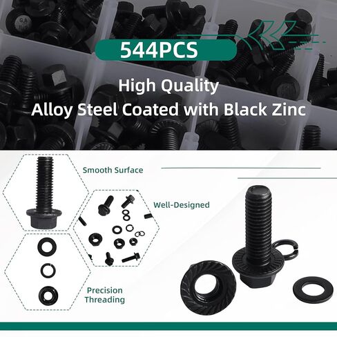 544 PCS Flange Hex Bolts and Nuts Kit, M6-1.0, M8-1.25, M10-1.5 Bolts, Alloy Steel with Black Zinc Class 10.9 Metric Bolt Assortment Full Coarse Thread 12mm-30mm in Saudi Arabia