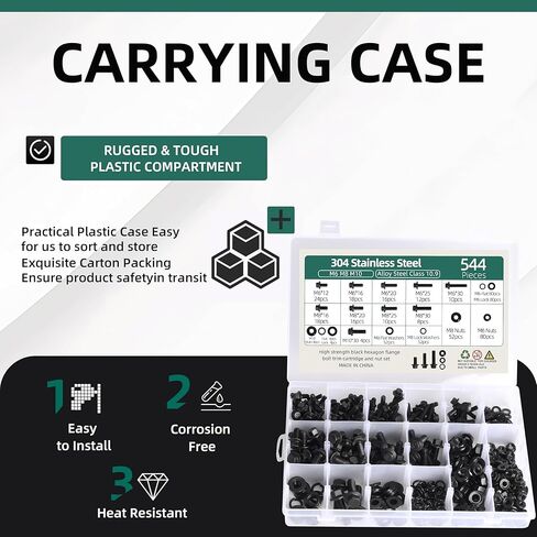 544 PCS Flange Hex Bolts and Nuts Kit, M6-1.0, M8-1.25, M10-1.5 Bolts, Alloy Steel with Black Zinc Class 10.9 Metric Bolt Assortment Full Coarse Thread 12mm-30mm in Saudi Arabia