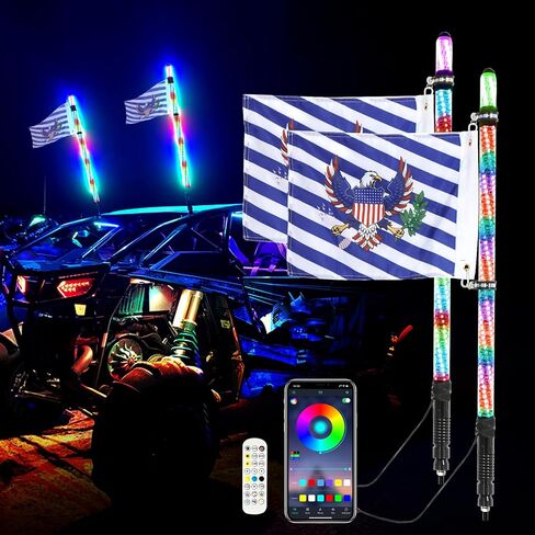 1pc 2ft مصابيح سوط الدهون مع رموز الوظائف والتحكم في التطبيق RGB مطاردة رقص الهوائيات المضاءة سوط متوافقة مع utv atv rzr polaris truck ofrroad truck in Kuwait