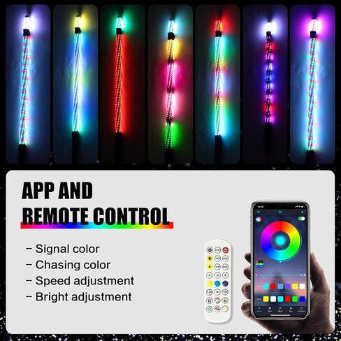 1pc 2ft مصابيح سوط الدهون مع رموز الوظائف والتحكم في التطبيق RGB مطاردة رقص الهوائيات المضاءة سوط متوافقة مع utv atv rzr polaris truck ofrroad truck in Kuwait