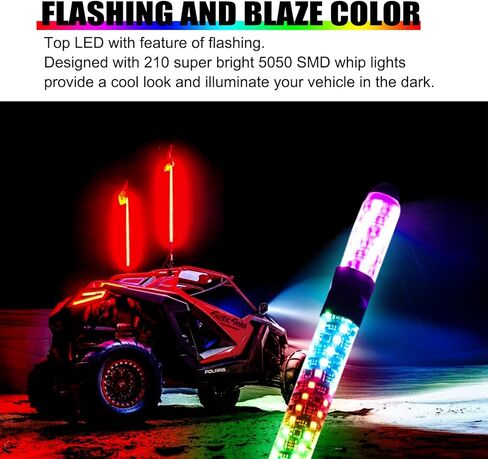 1pc 2ft مصابيح سوط الدهون مع رموز الوظائف والتحكم في التطبيق RGB مطاردة رقص الهوائيات المضاءة سوط متوافقة مع utv atv rzr polaris truck ofrroad truck in Kuwait