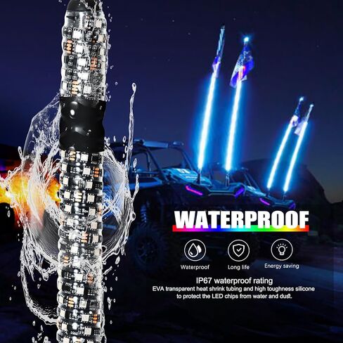 1pc 2ft مصابيح سوط الدهون مع رموز الوظائف والتحكم في التطبيق RGB مطاردة رقص الهوائيات المضاءة سوط متوافقة مع utv atv rzr polaris truck ofrroad truck in Kuwait