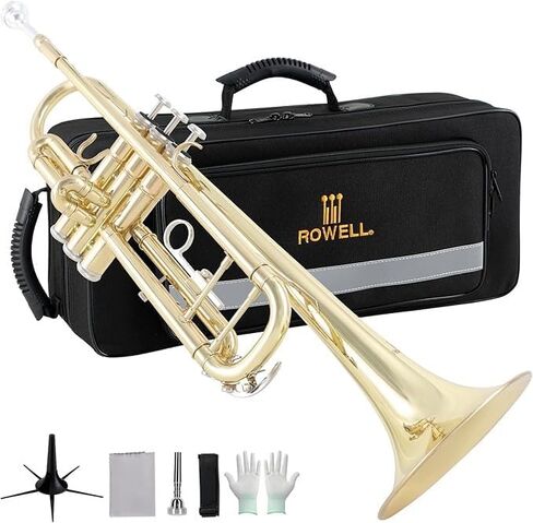 ROWELL Bb Trumpet Standard Trumpet Set,Double Support Beam Design Trunpet, Trumpet Instrument with Hard Case, Cleaning Kit, Stand, Mouthpiece, Gloves, Valve Oil for Beginner,Student and Adult.(Gold) in Saudi Arabia