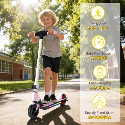 SIMATE Electric Scooter for Kids 6-14, e Kick Scooter with LED Display and Colorful Lights, Adjustable Height and Foldable, Double Brake, Gifts for Kids Girls Boys in Saudi Arabia