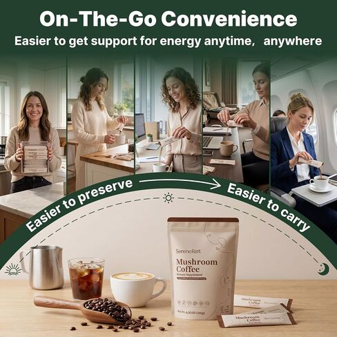 Mushroom Coffee, Instant Mushroom Coffee with 6 Adaptogenic Mushrooms and MCT Oil for Better Energy, Focus, Digestion & Immune Support,No Earthy Aftertaste, Smooth Dissolution, 30 Servings in Saudi Arabia
