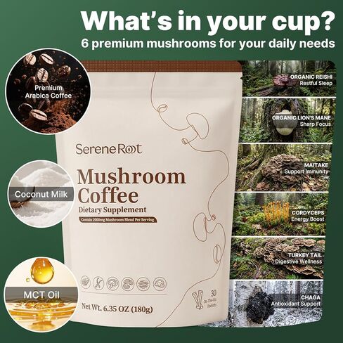 Mushroom Coffee, Instant Mushroom Coffee with 6 Adaptogenic Mushrooms and MCT Oil for Better Energy, Focus, Digestion & Immune Support,No Earthy Aftertaste, Smooth Dissolution, 30 Servings in Saudi Arabia