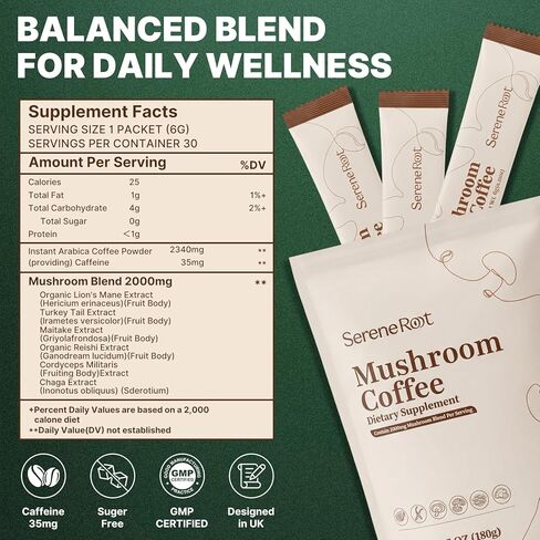 Mushroom Coffee, Instant Mushroom Coffee with 6 Adaptogenic Mushrooms and MCT Oil for Better Energy, Focus, Digestion & Immune Support,No Earthy Aftertaste, Smooth Dissolution, 30 Servings in Saudi Arabia