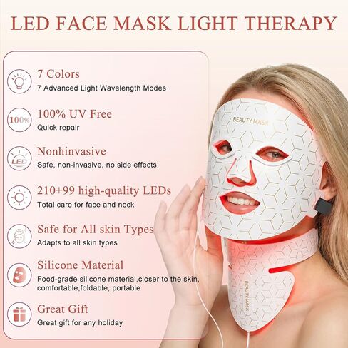 Red Light Therapy for Face & Neck,Red Light Mask with 850nm NIR, 7-1 Colors LED Light Therapy mask, Rechargeable LED Face & Neck Mask for Anti-Aging,Skin Firming & Radiant Glow at Home in Saudi Arabia