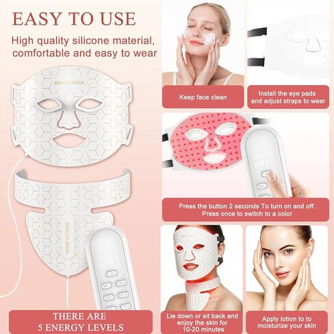 Red Light Therapy for Face & Neck,Red Light Mask with 850nm NIR, 7-1 Colors LED Light Therapy mask, Rechargeable LED Face & Neck Mask for Anti-Aging,Skin Firming & Radiant Glow at Home in Saudi Arabia