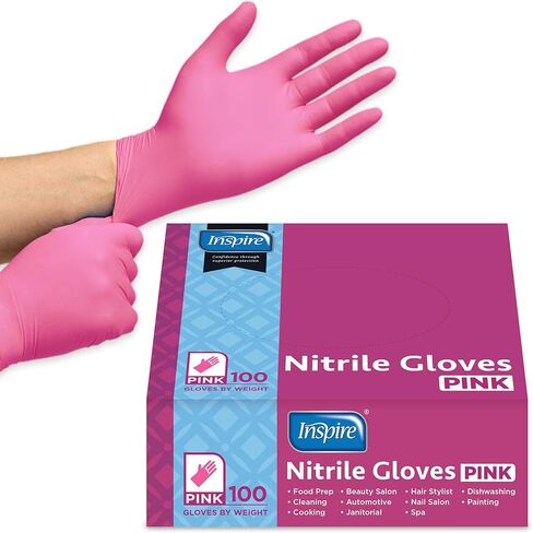 قفازات إنسباير الوردية خالية من اللاتكس للاستخدام مرة واحدة | قفاز النتريل الوردي للشعر والأظافر، قفازات النتريل التجميلية للاستعمال مرة واحدة in Kuwait