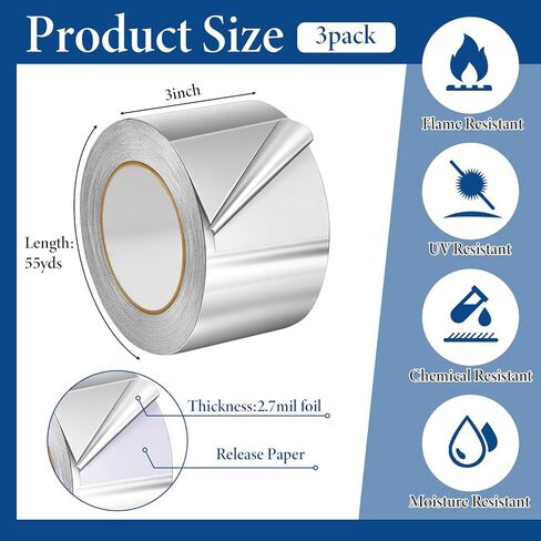 3 Pack Aluminum Foil Tape Bulk, 3 Inch x 55 Yards Heavy Duty Metal Duct Tape Aluminum HVAC Tapes for High Temperature Sealing and Patching Air Ducts Insulation Metal Repair in Saudi Arabia