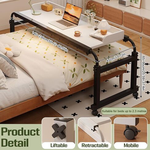 HUATOL Mobile Over The Bed Table, Tilting Laptop Tray with Height and Length Frame Adjustment, Extendable Computer Workstation for Home Office,Dining Bar Table,Rolling Bed Bar Desks. in Kuwait