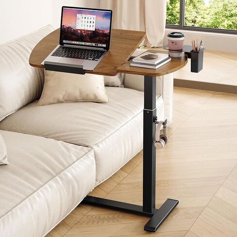 Overbed Bedside Table with Wheels, Pneumatic Adjustable Overbed Table, Tilting Desktop Mobile Standing Desk with Cup Holder/ Pen Holder, Rolling Laptop Desk for Bed, Sofa, or Hospital Use (Walnut) in Saudi Arabia