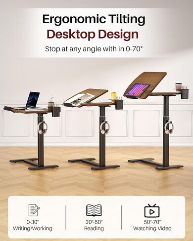Overbed Bedside Table with Wheels, Pneumatic Adjustable Overbed Table, Tilting Desktop Mobile Standing Desk with Cup Holder/ Pen Holder, Rolling Laptop Desk for Bed, Sofa, or Hospital Use (Walnut) in Saudi Arabia