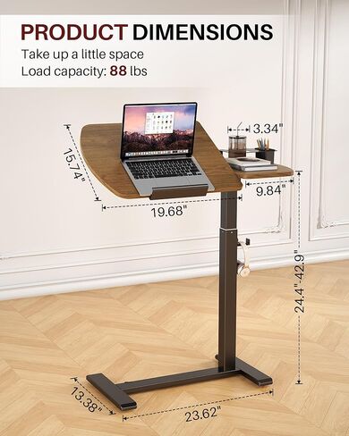 Overbed Bedside Table with Wheels, Pneumatic Adjustable Overbed Table, Tilting Desktop Mobile Standing Desk with Cup Holder/ Pen Holder, Rolling Laptop Desk for Bed, Sofa, or Hospital Use (Walnut) in Saudi Arabia