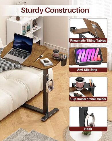 Overbed Bedside Table with Wheels, Pneumatic Adjustable Overbed Table, Tilting Desktop Mobile Standing Desk with Cup Holder/ Pen Holder, Rolling Laptop Desk for Bed, Sofa, or Hospital Use (Walnut) in Saudi Arabia
